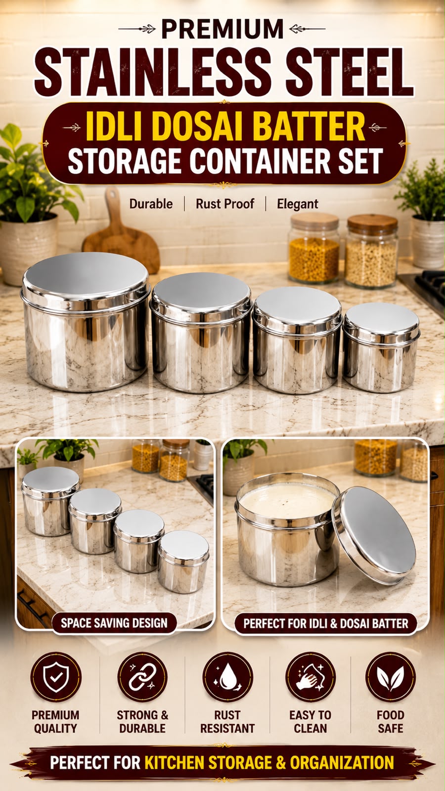 Premium Stainless Steel Idli & Dosai Batter Storage Box – Set of 4