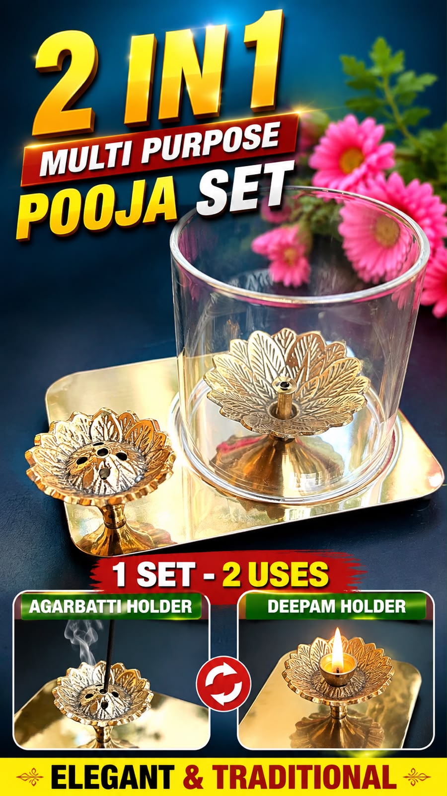2-in-1 Brass Diya Lamp; Agarbatti Holder (Free Inside)