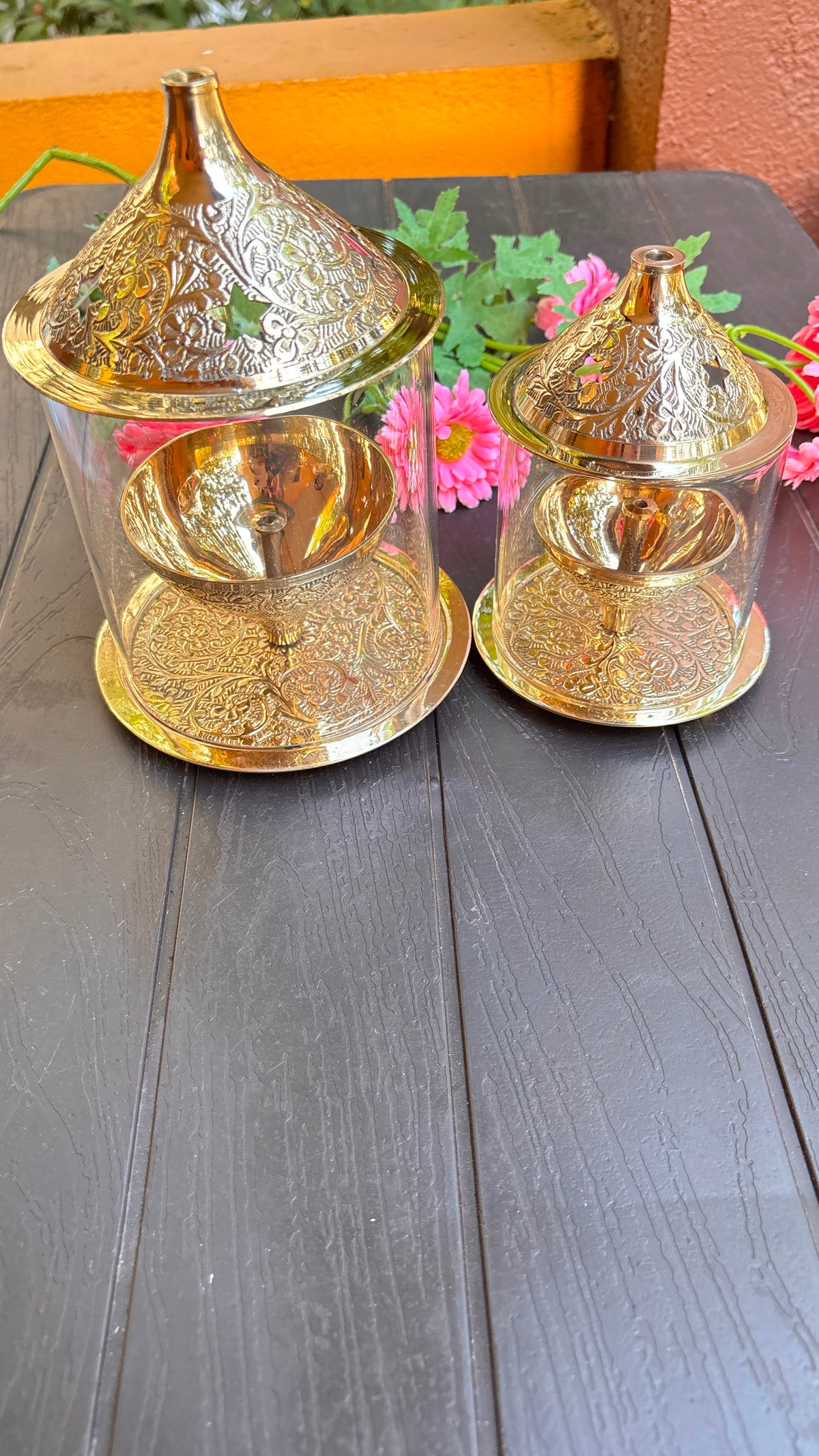 Floral Embossed Design Brass Lamp (Free Include)