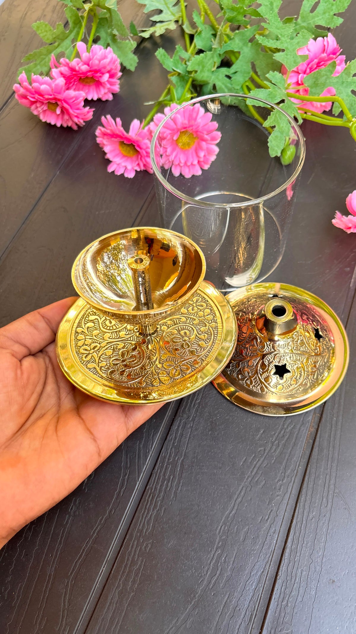 Floral Embossed Design Brass Lamp (Free Include)