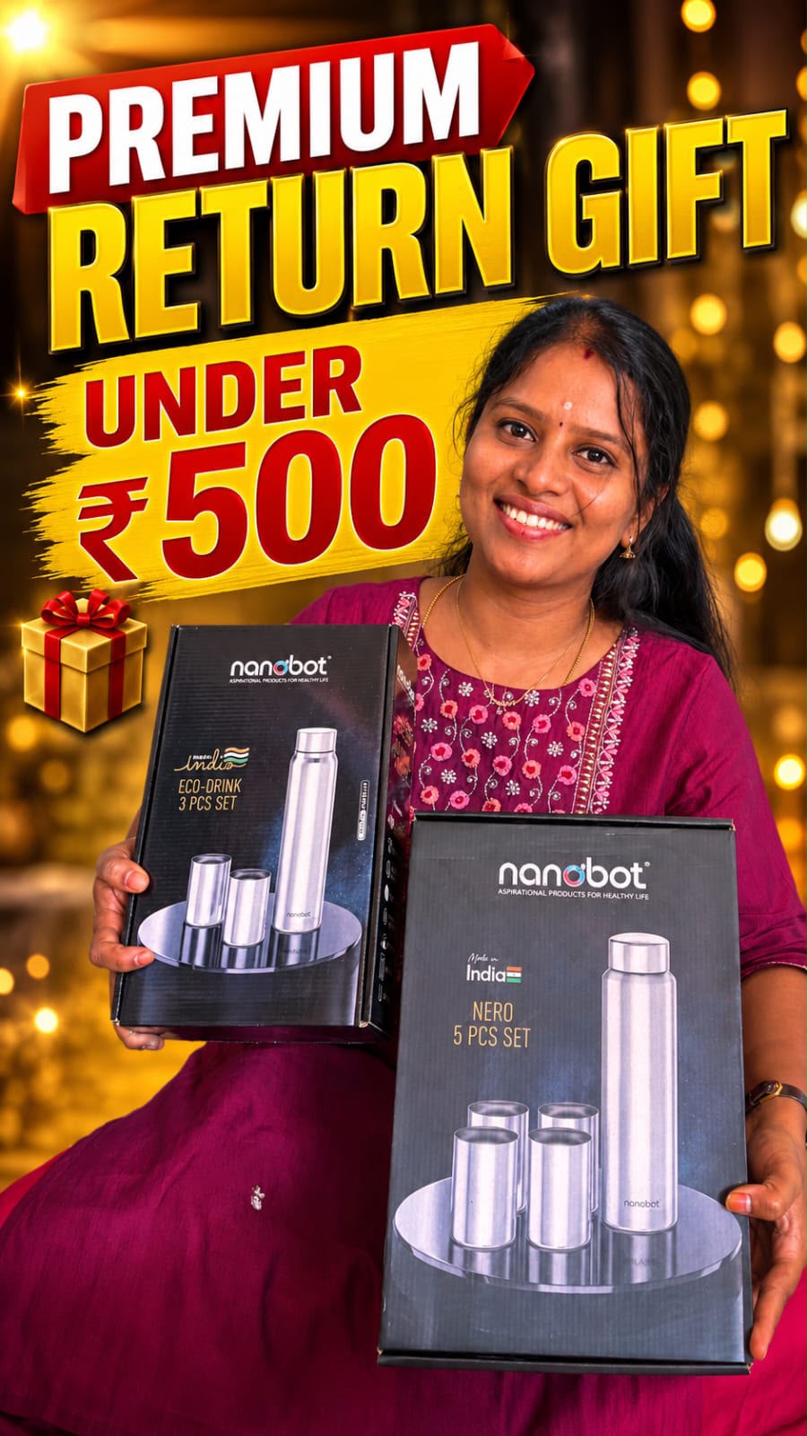 Premium Stainless Steel Water Bottle & Glass Set (Nanobot)