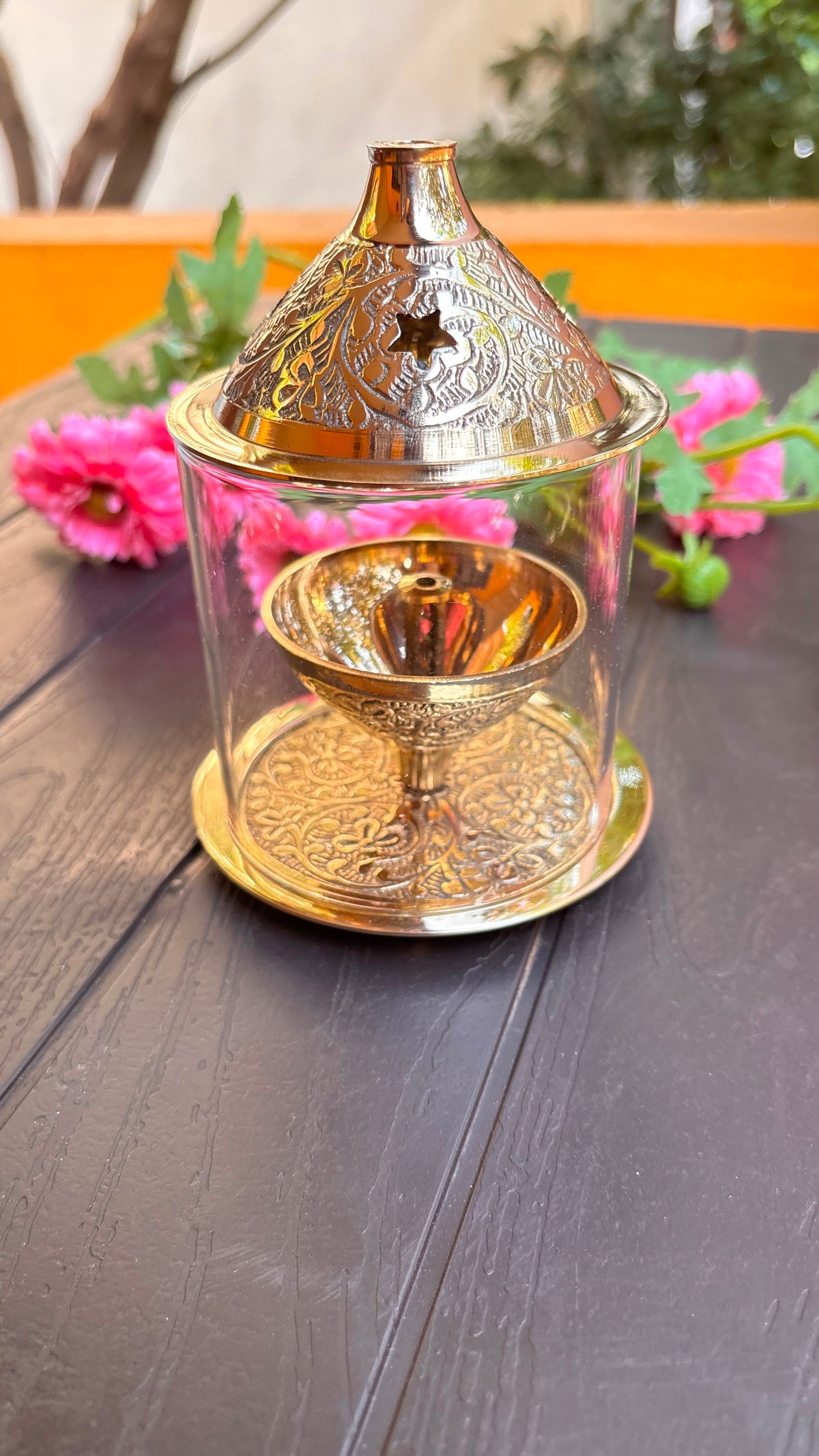 Floral Embossed Design Brass Lamp (Free Include)