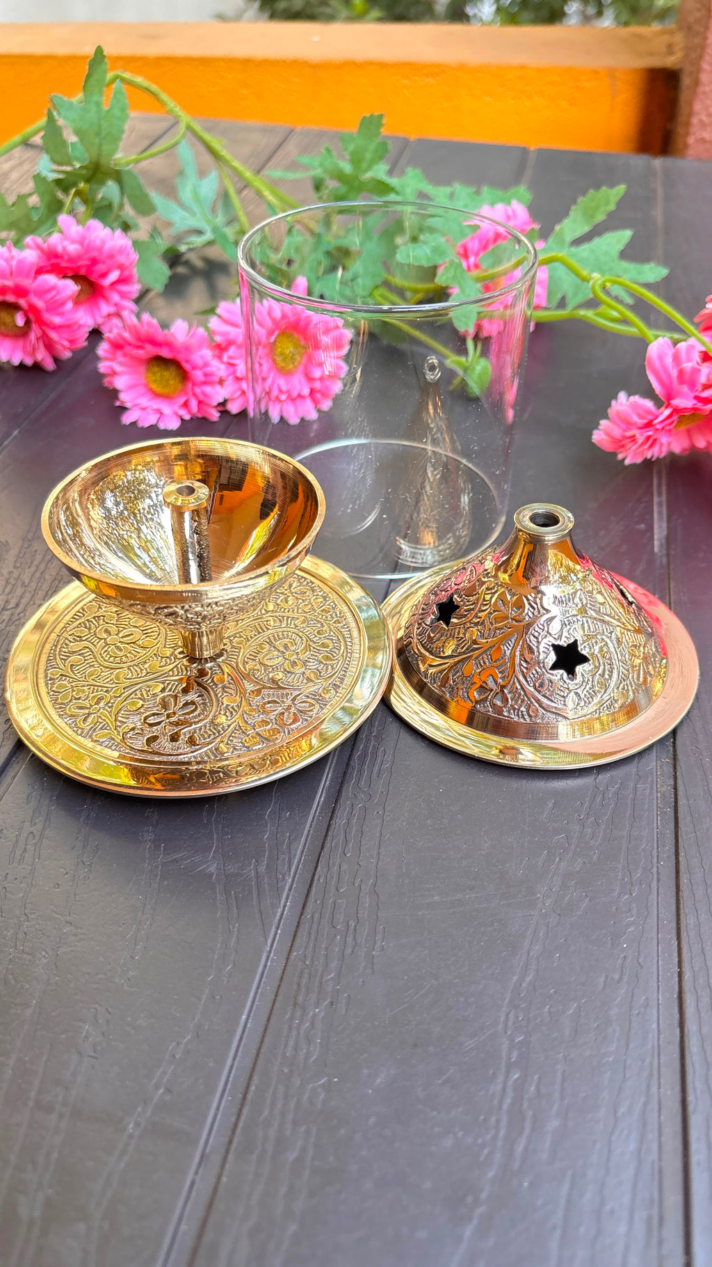 Floral Embossed Design Brass Lamp (Free Include)