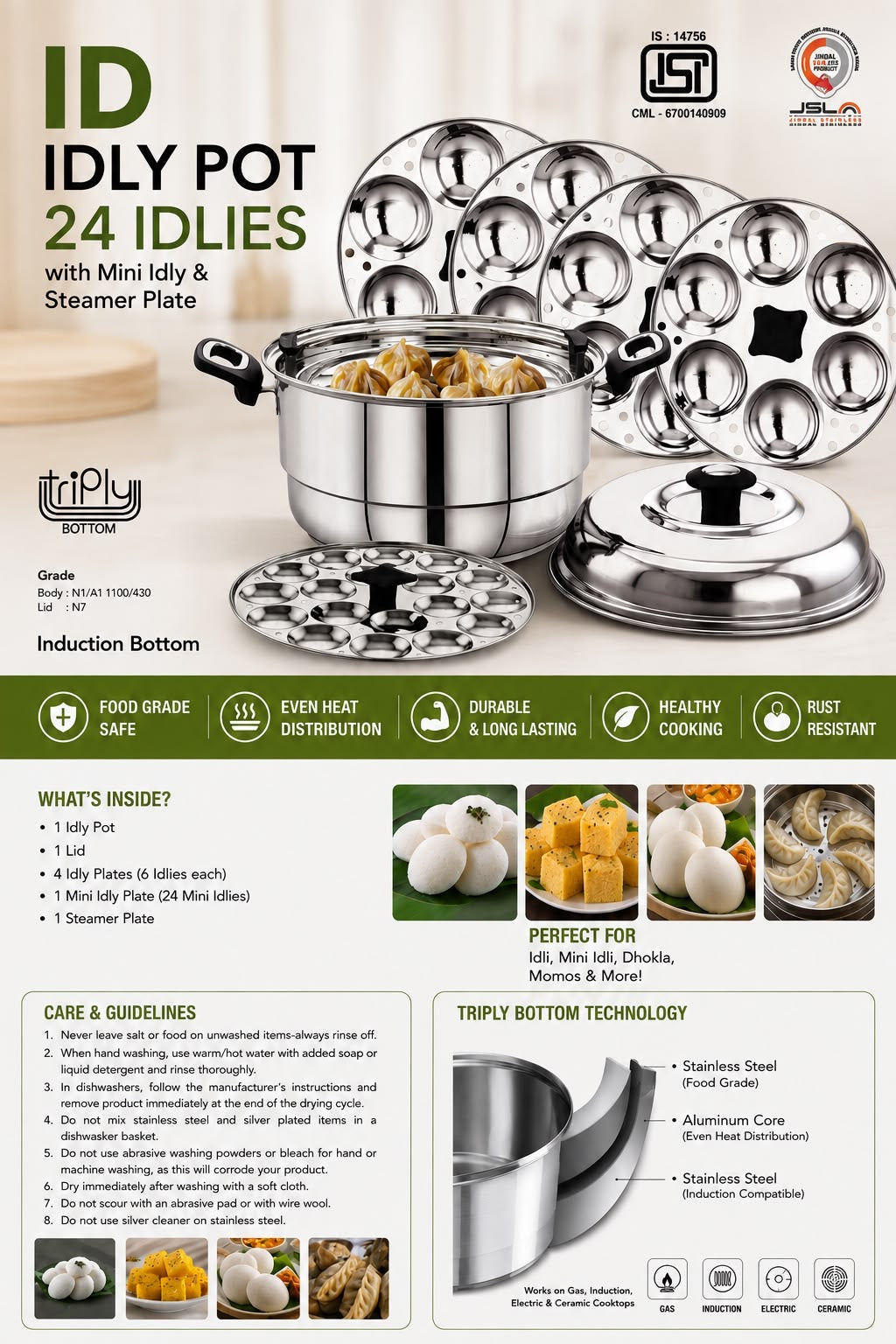 ID IDLY  POT 24 IDLIED With Mini Idly & Streamer Plate