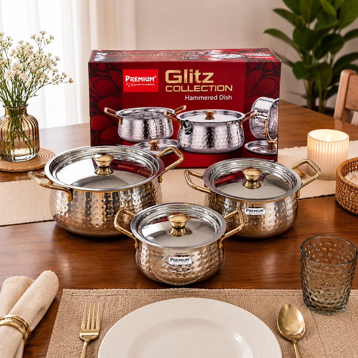 Hammered Serving Bowl Set – 3 Pieces