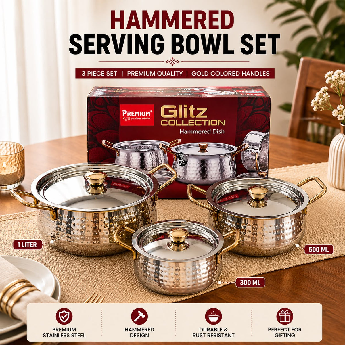 Hammered Serving Bowl Set – 3 Pieces