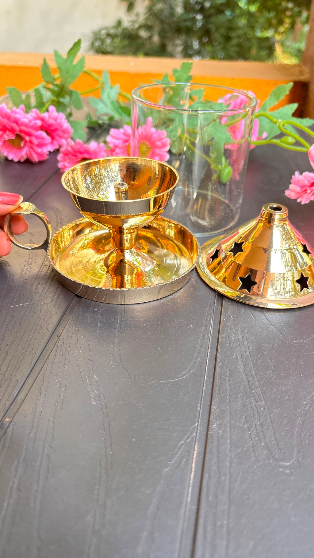 Brass Deepam with Handle &amp; Glass Lid (Free Inside)