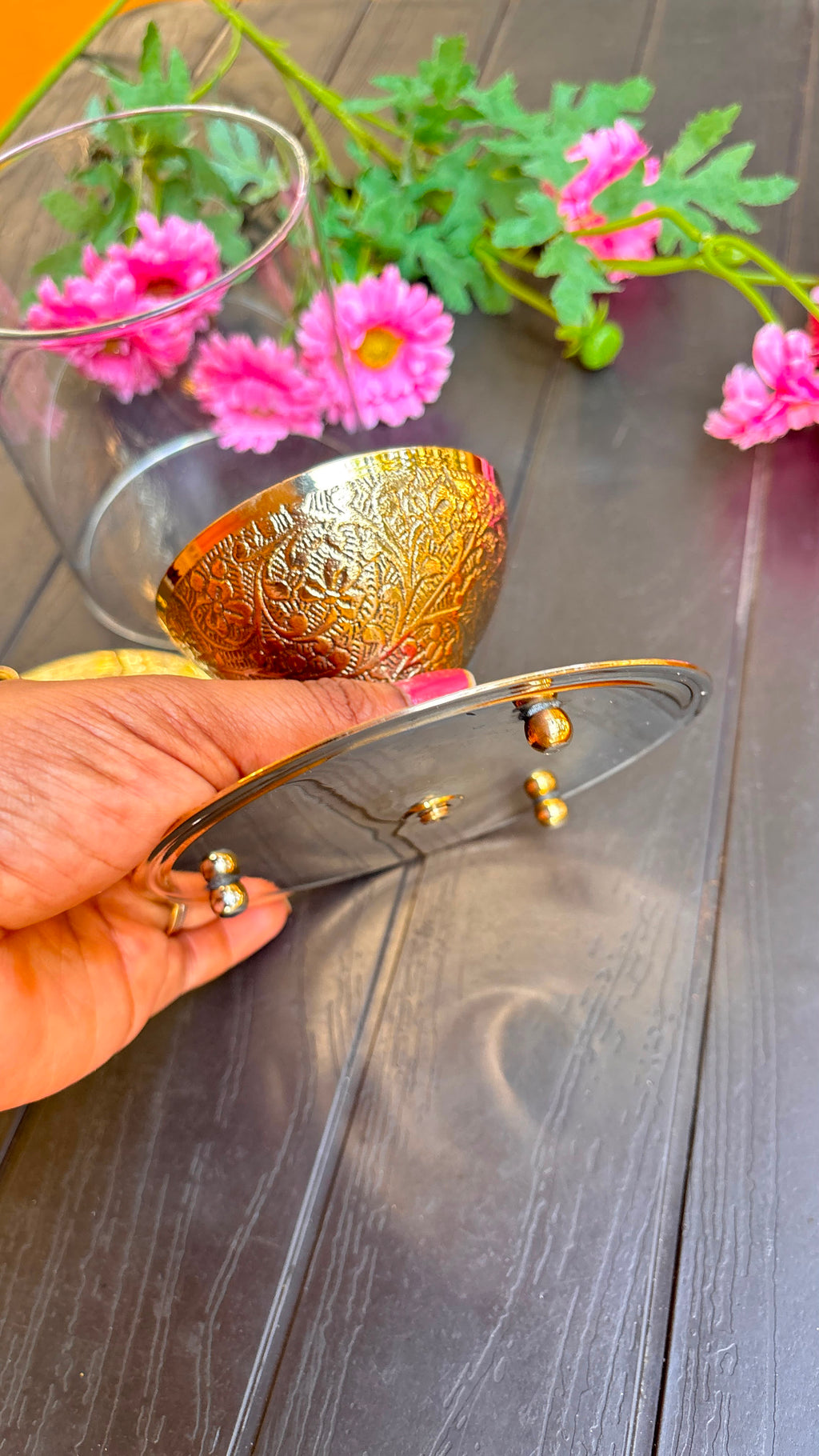 Floral Embossed Design Brass Lamp (Free Include)