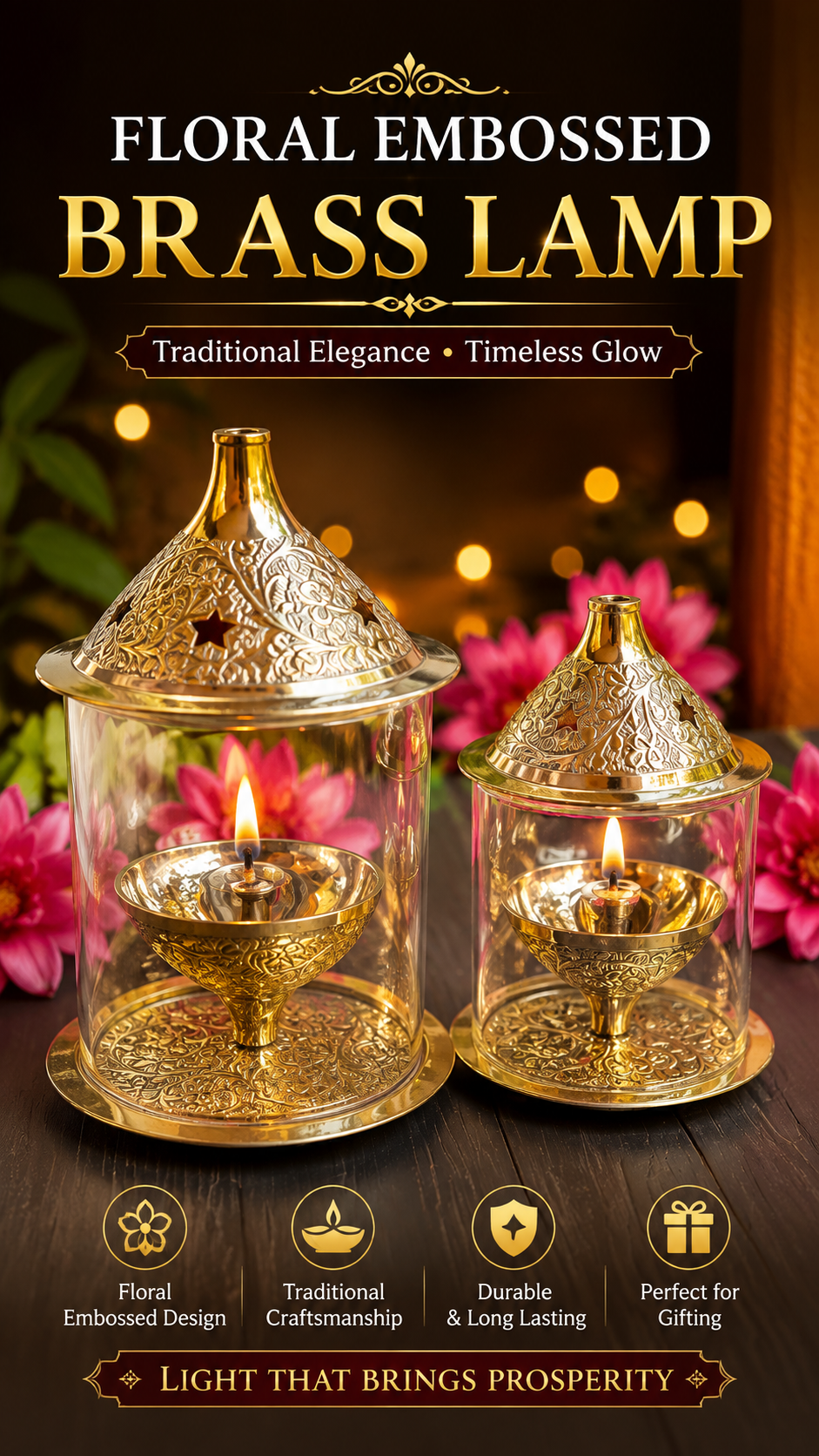 Floral Embossed Design Brass Lamp (Free Include)