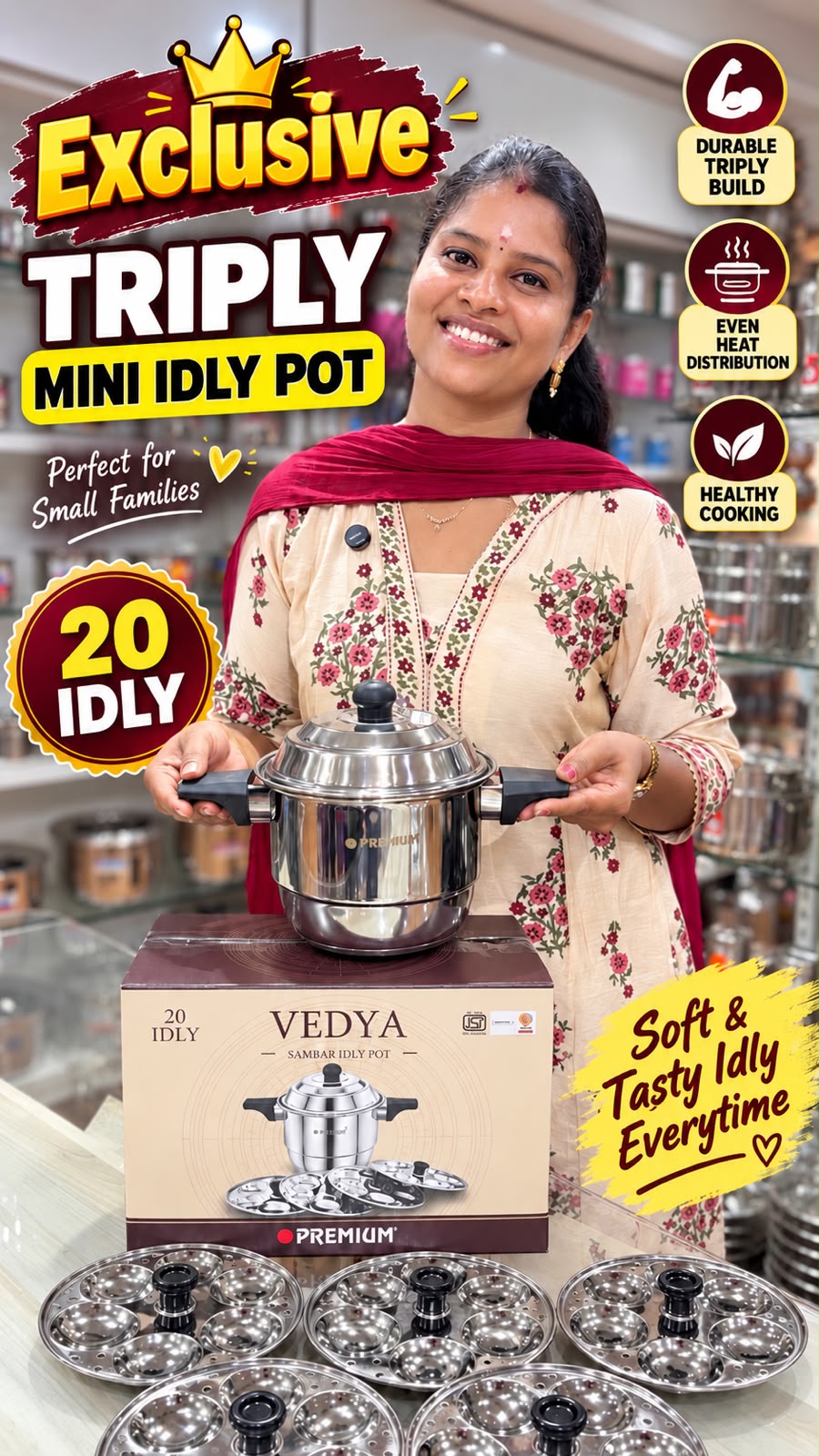 VEDYA Premium Triply Mini Idly Pot – 20 Mini Idly