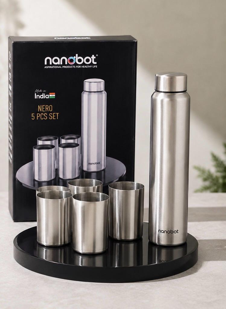 Premium Stainless Steel Water Bottle & Glass Set (Nanobot)