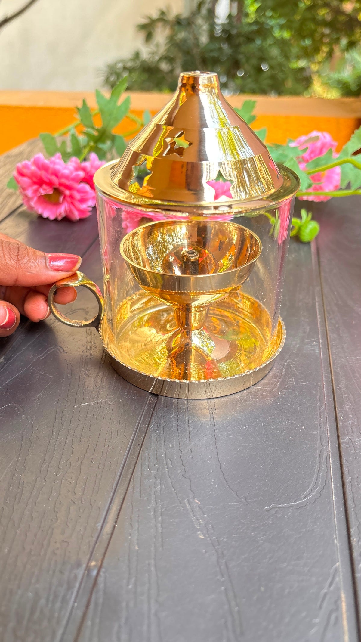 Brass Deepam with Handle &amp; Glass Lid (Free Inside)