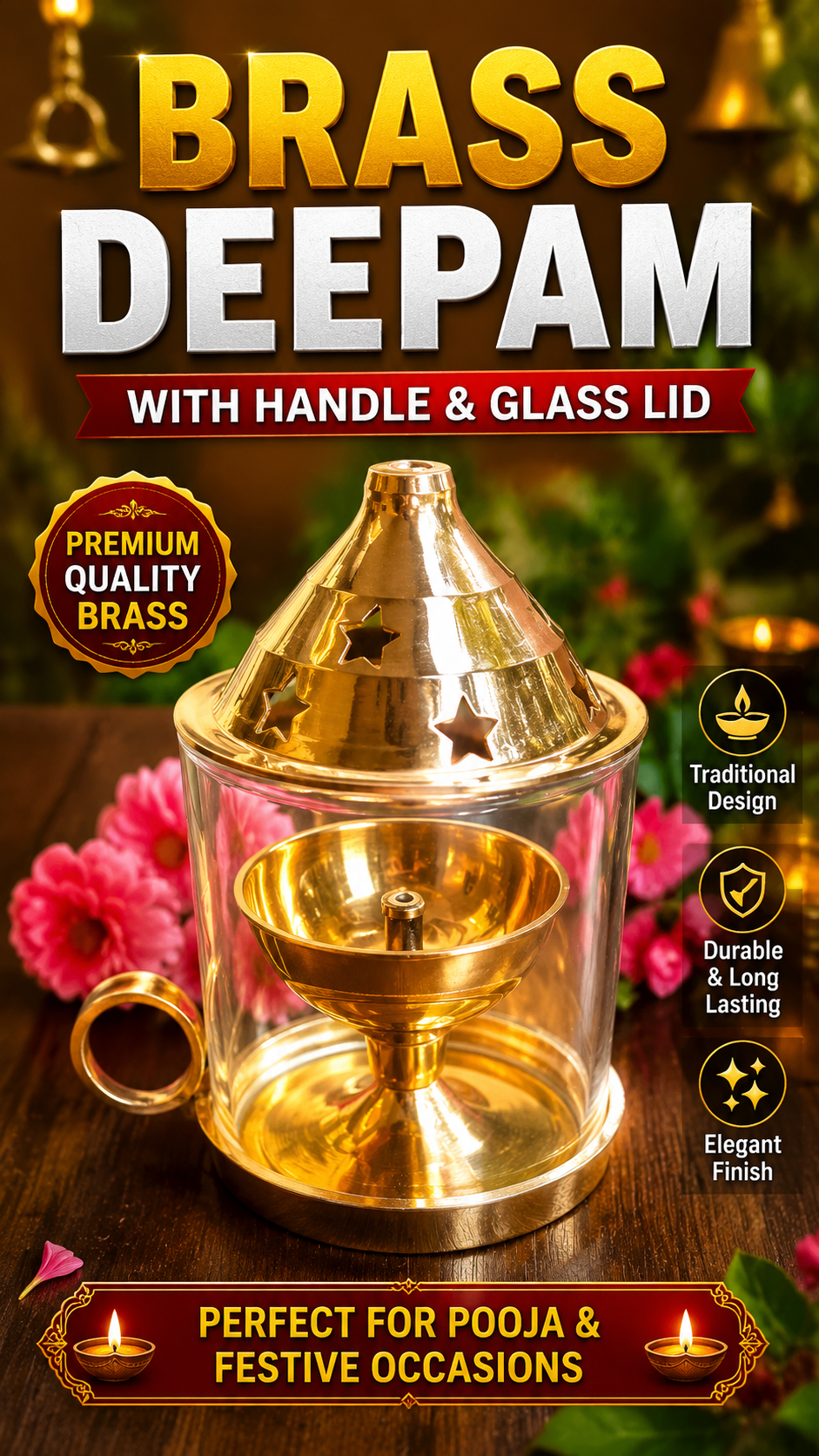 Brass Deepam with Handle &amp; Glass Lid (Free Inside)