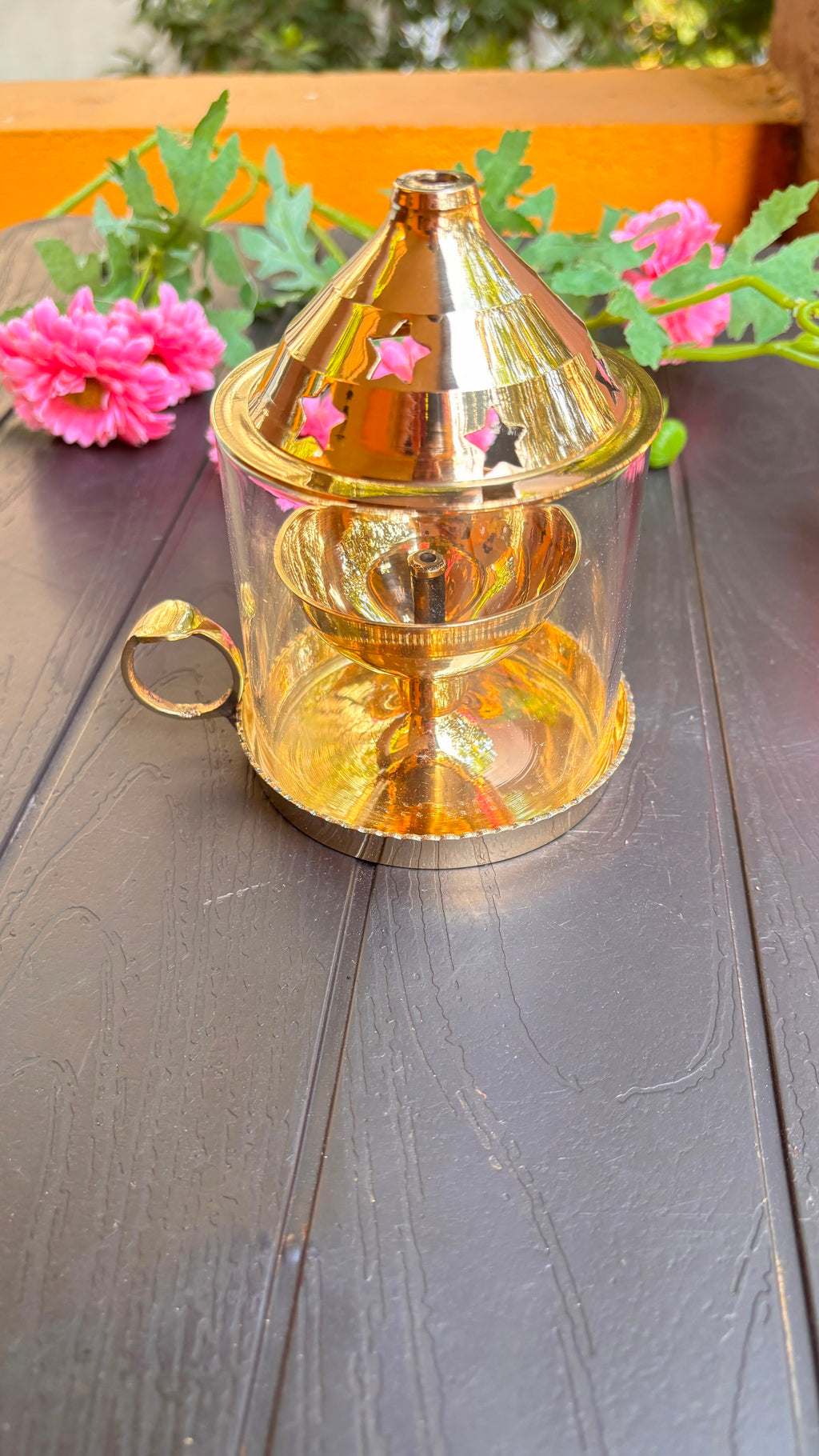 Brass Deepam with Handle &amp; Glass Lid (Free Inside)
