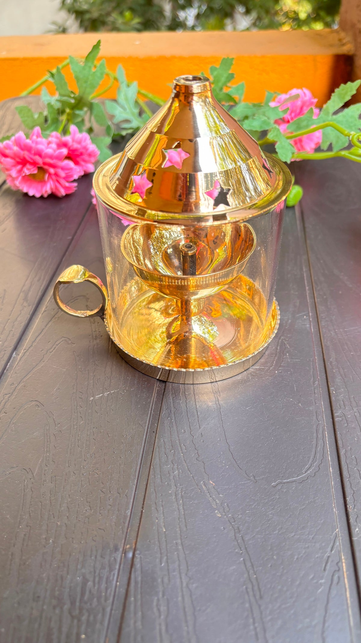 Brass Deepam with Handle &amp; Glass Lid (Free Inside)