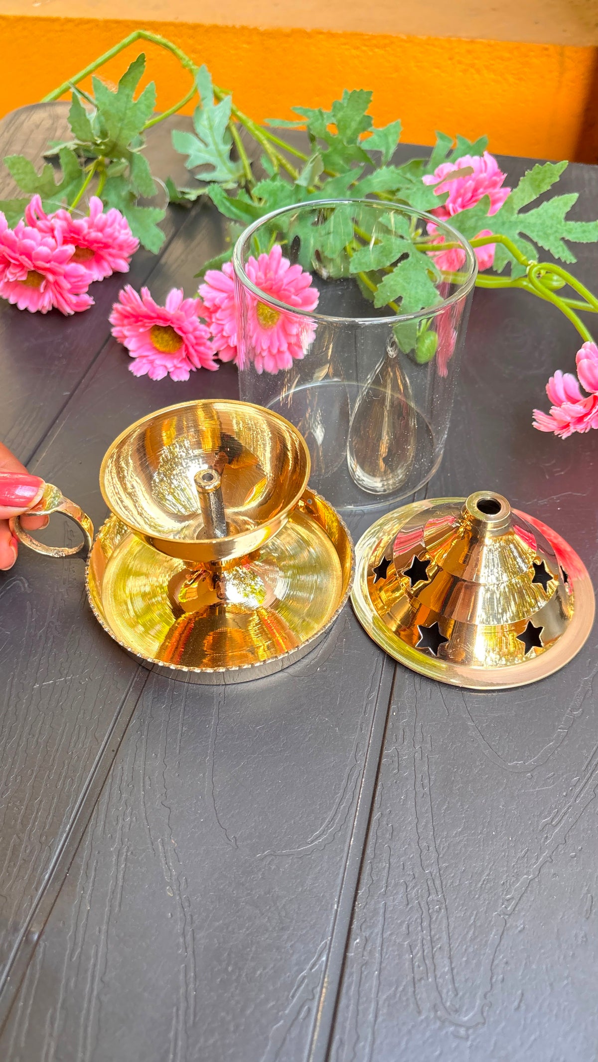 Brass Deepam with Handle &amp; Glass Lid (Free Inside)